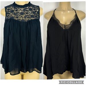 Set 2 Zara Black Tops Sz M Lace Camisole Open Back V-neck Shirt Trafaluc Loose